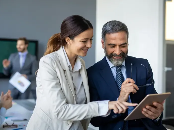 Two professionals review a tablet in an office, collaborating on company listings for a local business directory